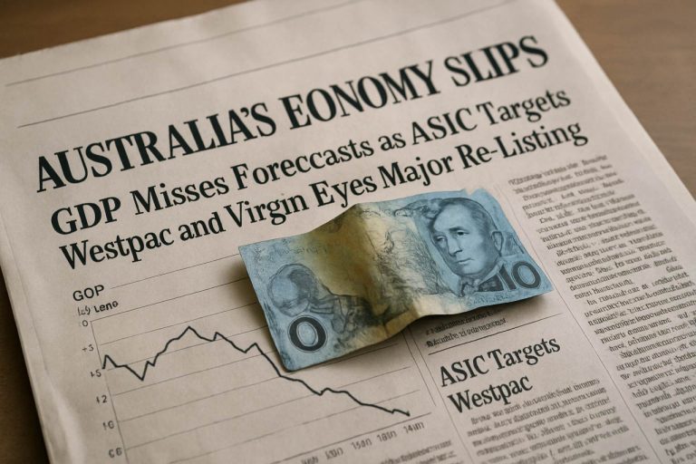 De economie van Australië glijdt: BBP mist de voorspellingen terwijl ASIC Westpac aanpakt en Virgin grote herbeursplannen heeft.